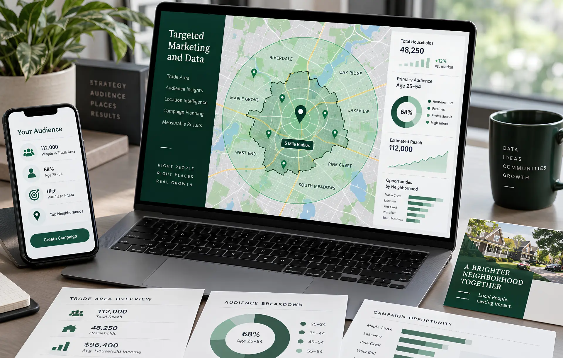 Targeted marketing and data sample with a trade area map, audience statistics, mobile targeting, and campaign materials
