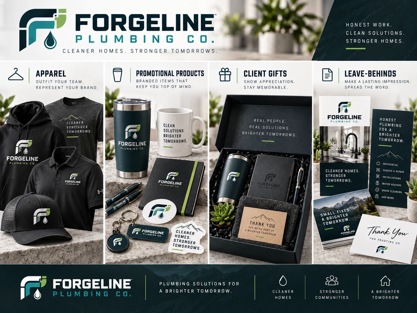 Forgeline Plumbing branded materials sample with apparel, promotional products, client gifts, and leave-behinds