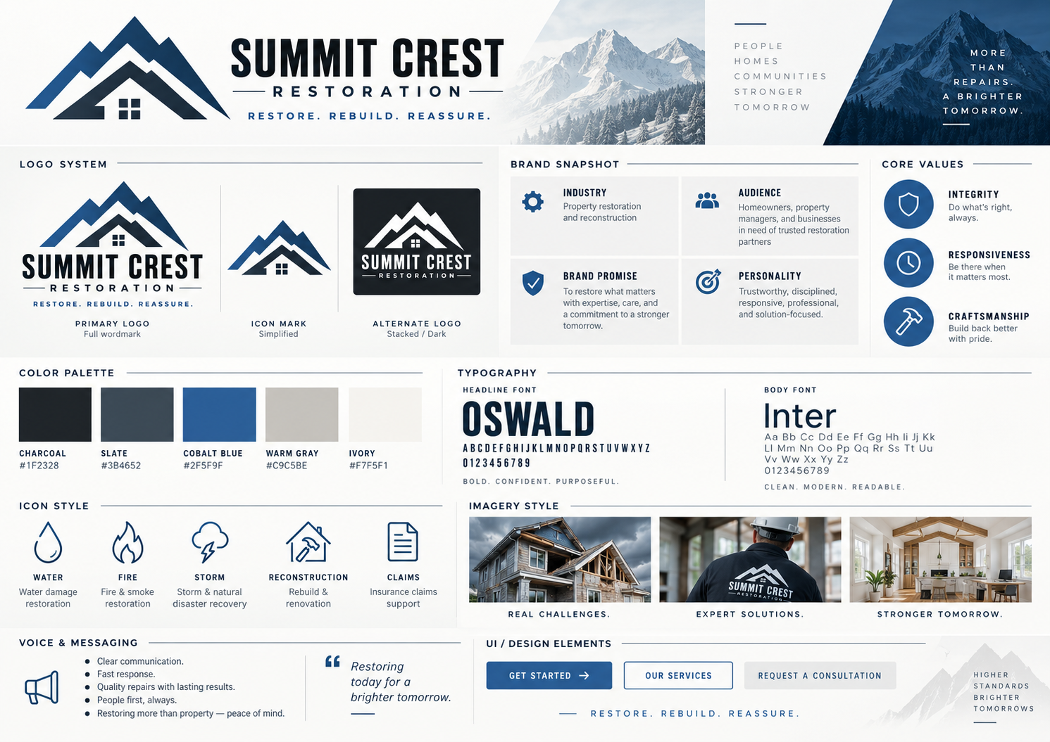 Summit Crest Restoration brand integration sample with logo system, brand snapshot, values, color palette, typography, icons, imagery, and messaging