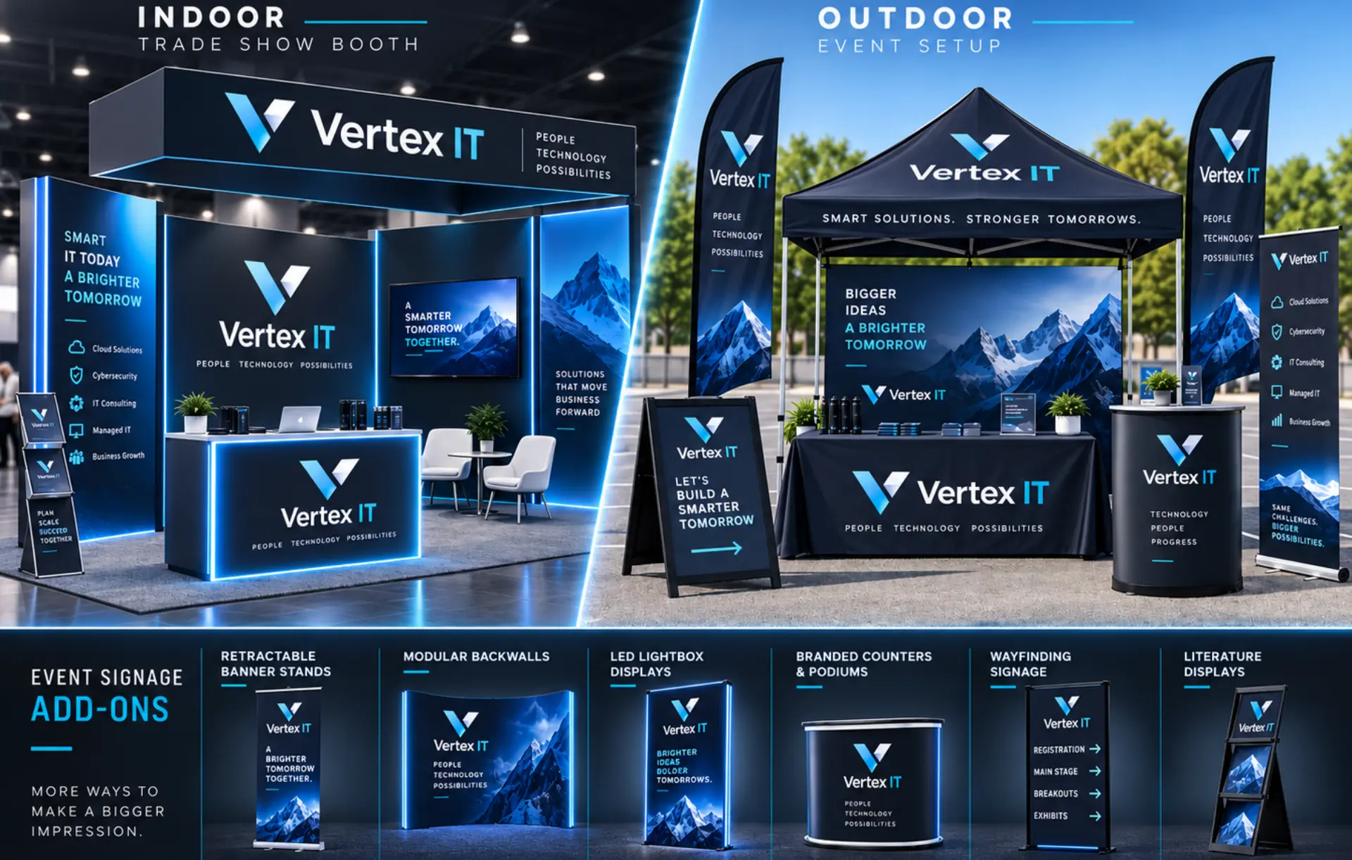 Vertex IT indoor trade show booth, outdoor event setup, and coordinated event signage add-ons